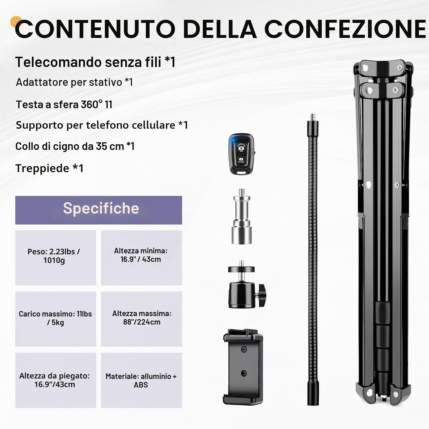 Victiv 224cm Treppiede Smartphone, Cavalletto per Smartphone con 35cm Collo D'oca & Telecomando, Tre Piedi per Telefono, Alluminio Treppiede Fotocamera Treppiedi per iPhone 17/16/15/14/13/12 Pro Max