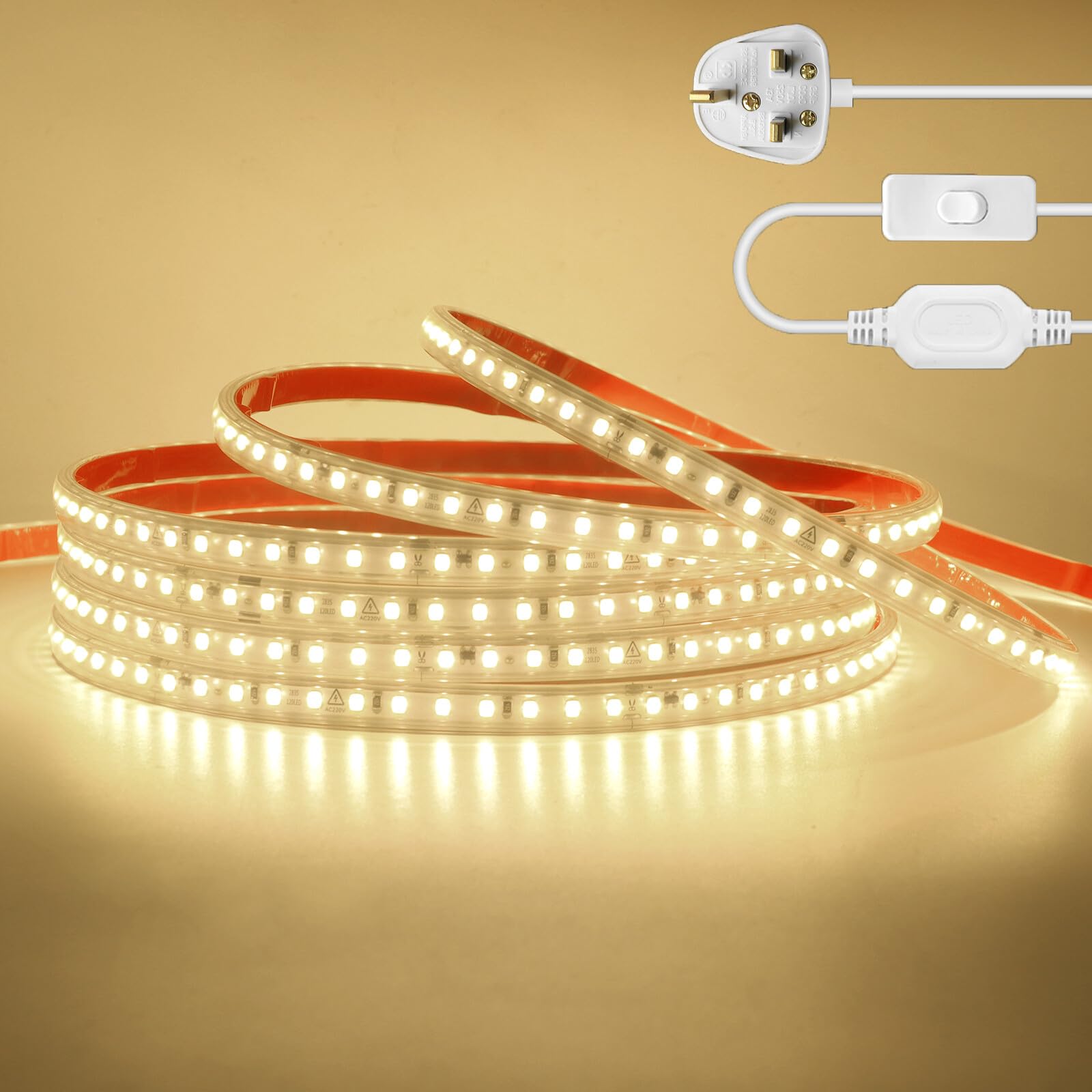 KAFULA 220V LED Strip Light with On/Off [9M,Natural White 4000-4500K],IP65 Waterproof Flexible SMD2835 LED Fairy Lights CRI85+,Every 10cm can be Cut,Bedroom Kitchen Corridor Decoration