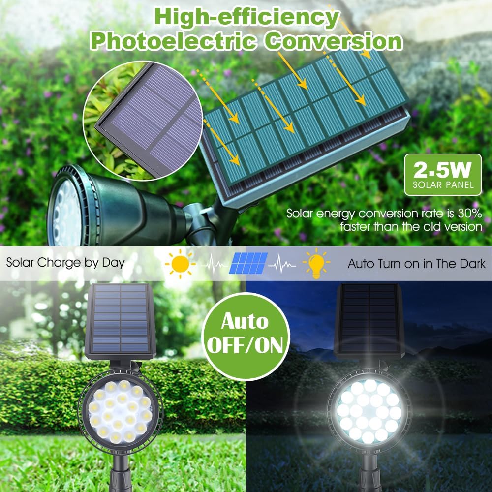 Adjustable Solar Powered Outdoor Spotlights with LED Lights, 2-Pack