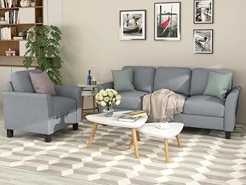 Daesar 2 Piece Sofa Set, Living Room Furniture Couch Chairs and 3 Seat Sofa, Grey