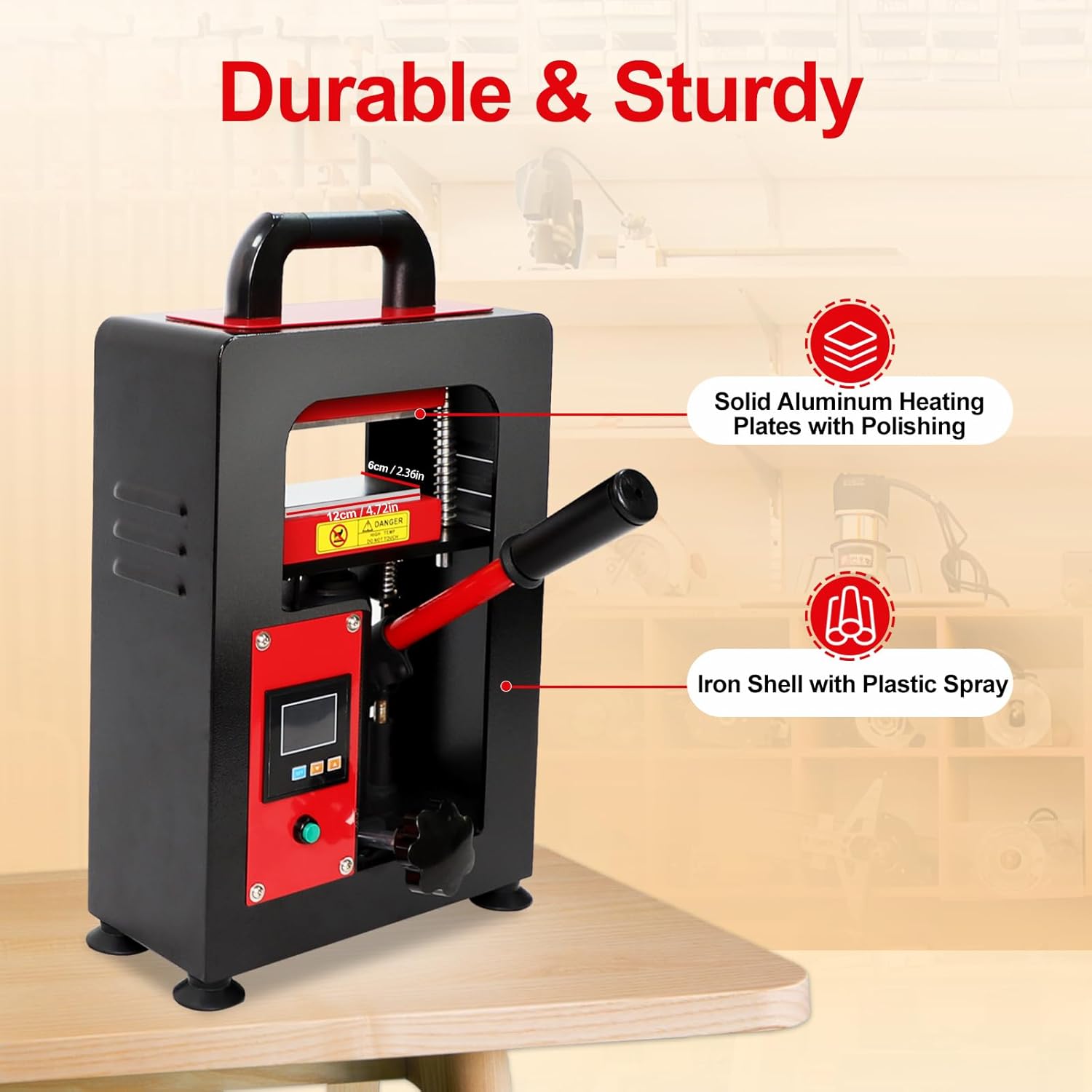 Image showing various applications of the heat press machine, including oil extraction, bonding, and stamping patterns on clothes and bags.