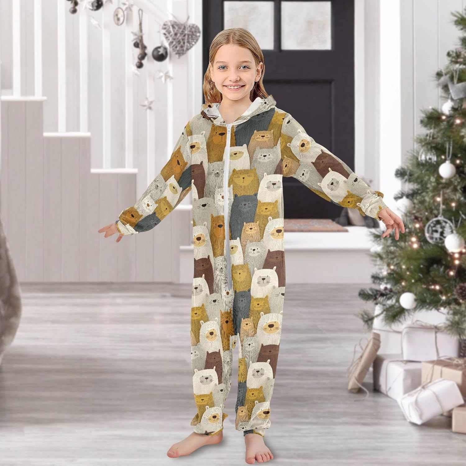Sleepwear Holiday Pajamas Soft Warm Hooded One-Piecing Loungewear Sleepwear for Parties Sleepovers 4-14Y