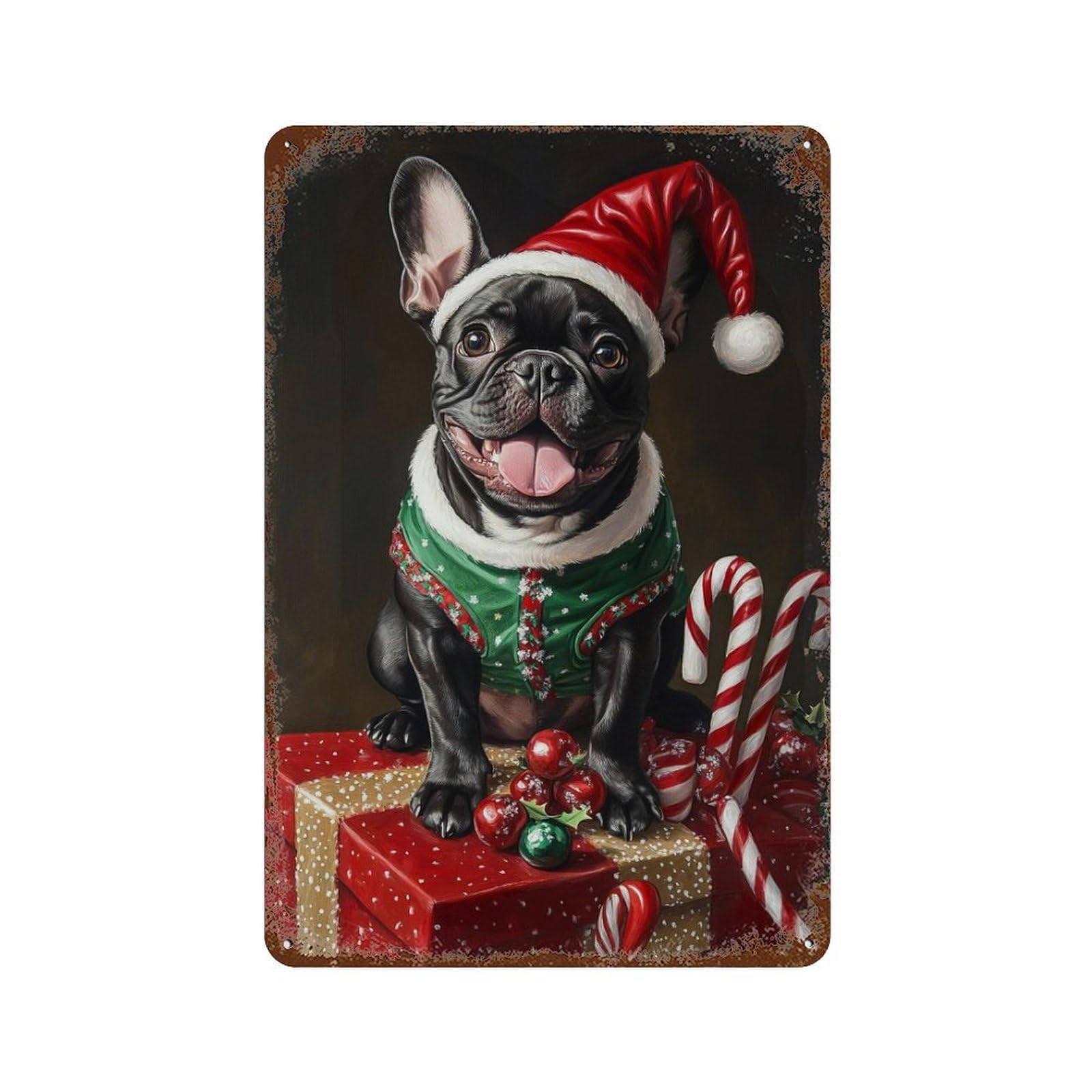 Vintage Rust Metal Sign Christmas French Bulldog Gifts 11.8"x7.9", Novelty Wall Decor for Office, Studio And Wall Decor