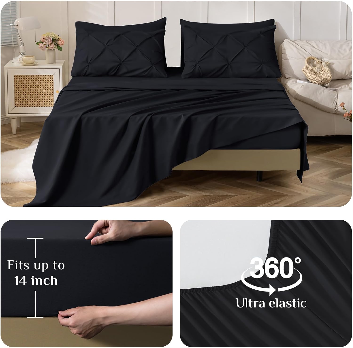 JOLLYVOGUE Twin Comforter Set 5 Pieces - Bed in a Bag Twin for All Season, Pintuck Bedding Comforter Sets with Comforter, Flat Sheet, Fitted Sheet and Pillowcases & Shams, Black - Image 4