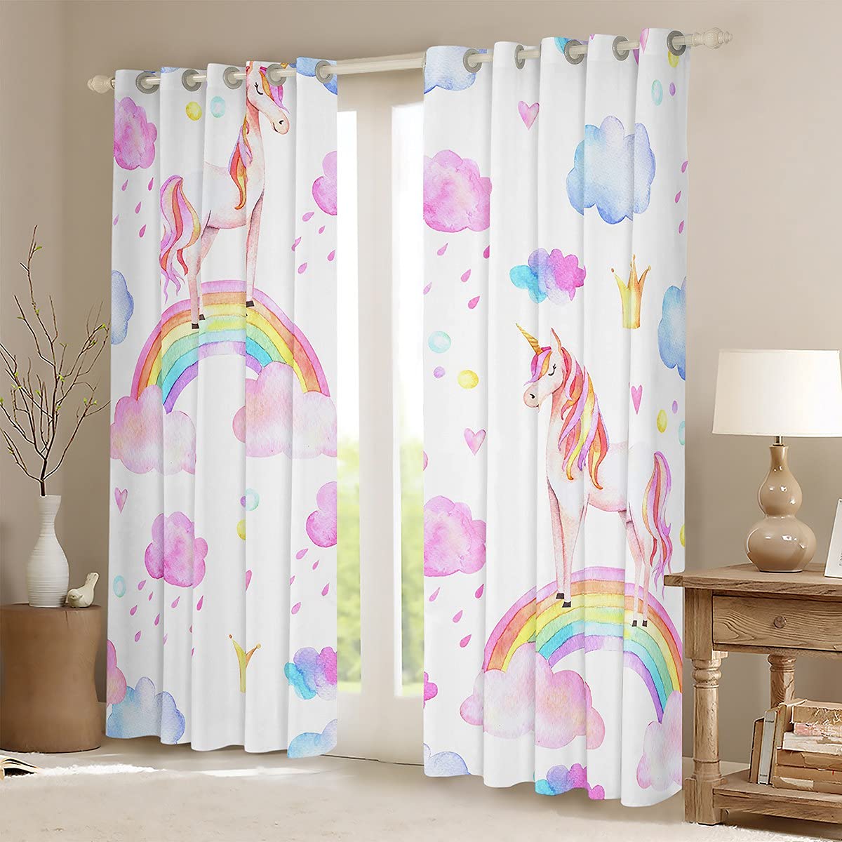 Loussiesd Rainbow Unicorn Window Treatments Kids Girls Curtain for Boys Girls Teens Decor Modern Cartoon Horse Window Drapes Pink Cute Unicorn Window Curtain W46*L54 - Image 2
