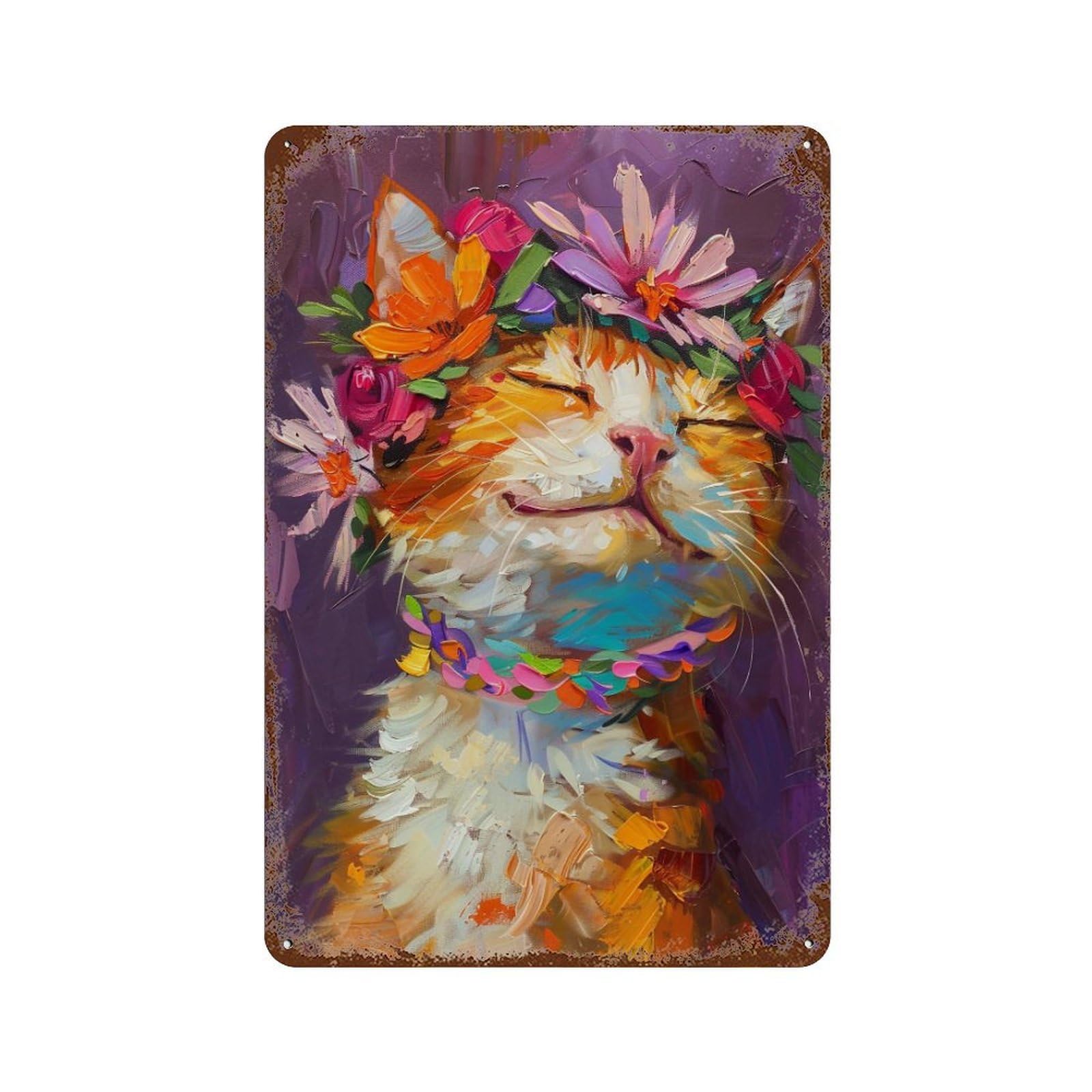 YHGERTKU Flower Crown Happy Cat Oil 03 Wall Art Retro Iron Vintage Metal Tin Sign Poster Modern Decor for Living Rooms Gift 30x20cm