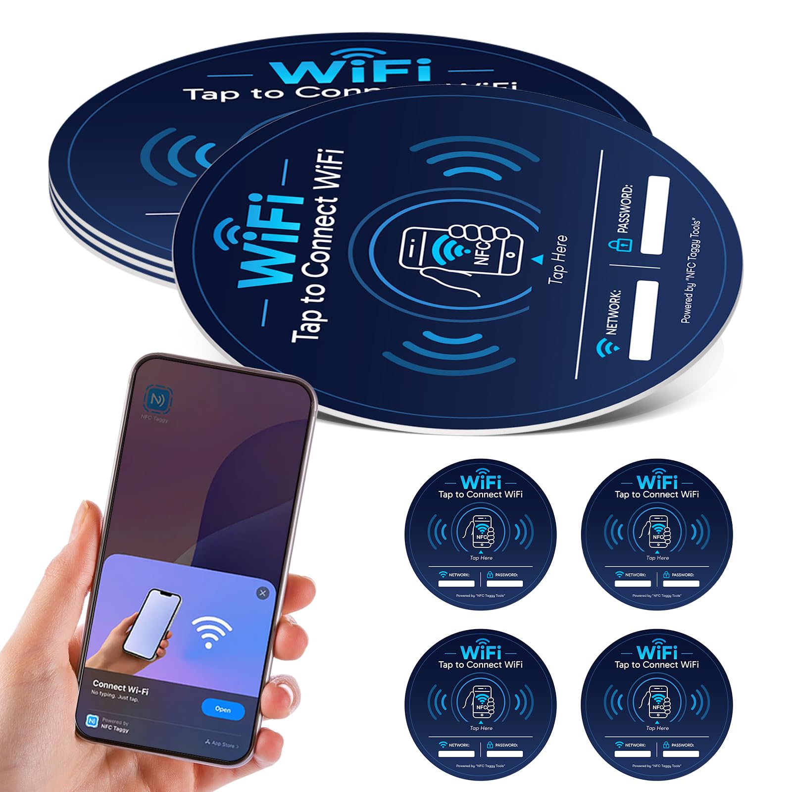 NFC WiFi Sticker, Tap to Connect WiFi Password Sign with QR Code, Rewritable Wireless Network Sharing Tag for Home, Airbnb, Office & Business (4 Pack)