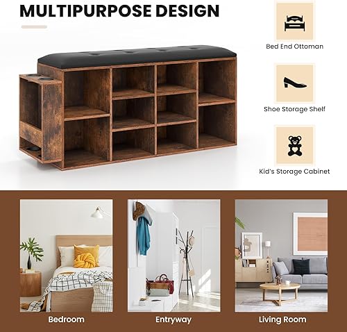 Miniatura 9 de Giantex Banco de almacenamiento de entrada con soporte para paraguas, banco de almacenamiento de 10 cubos con estante ajustable y cojín acolchado de