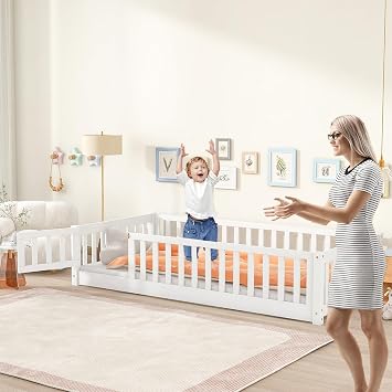 Twin Size White Floor Bed with Removable Door for Kids, Montessori with 12 Slats and Safety Guardrails, Solid Wood Full Frame for Girls, Boys No Box Spring Need White, Twin