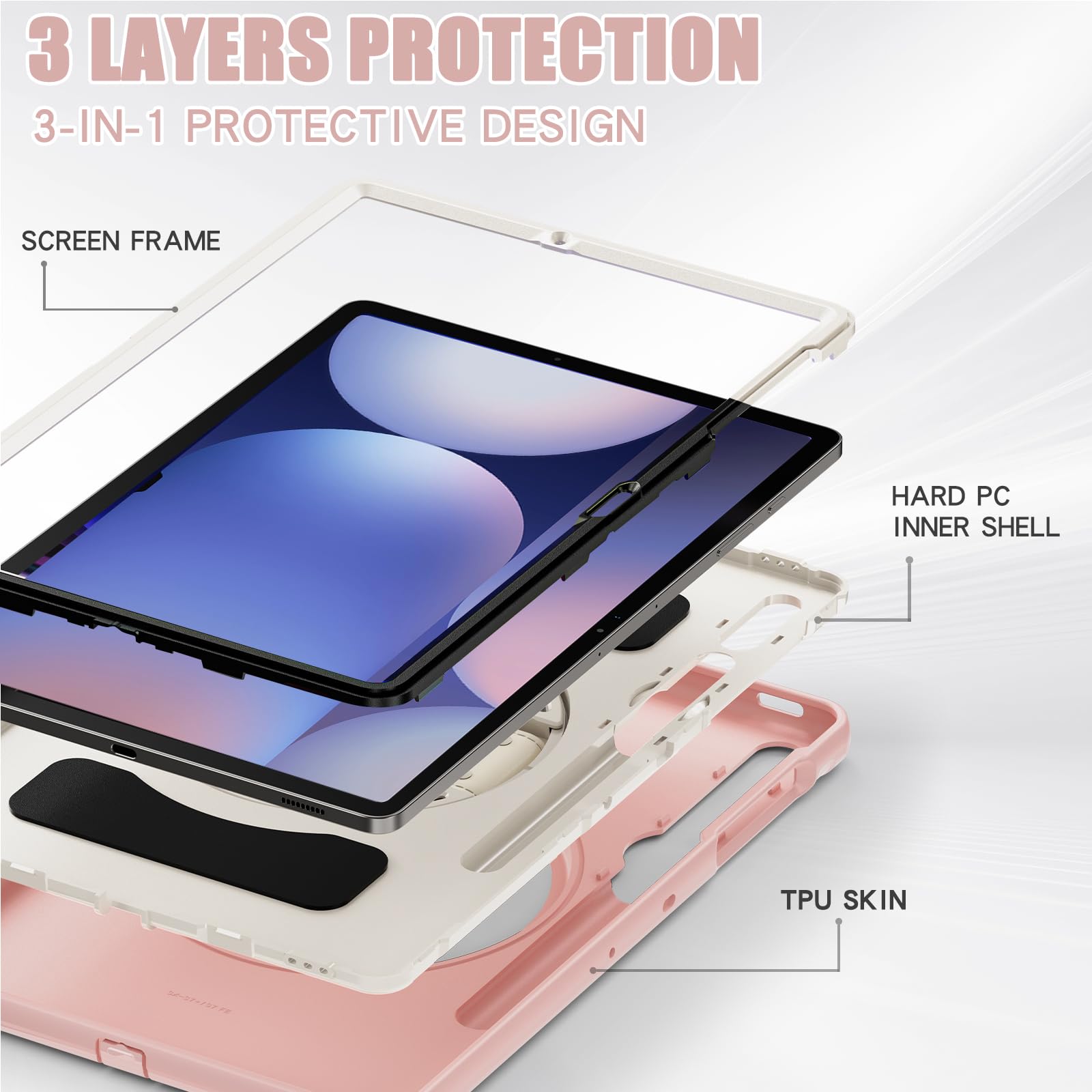 Junfire Schutzhülle für Samsung Galaxy Tab S9 Plus/S8 Plus/S7Plus/S7FE/S9 FE Plus, 12,4 Zoll Tablet Cover mit Kickstand, Handschlaufe, Stylus Halter, Rosa