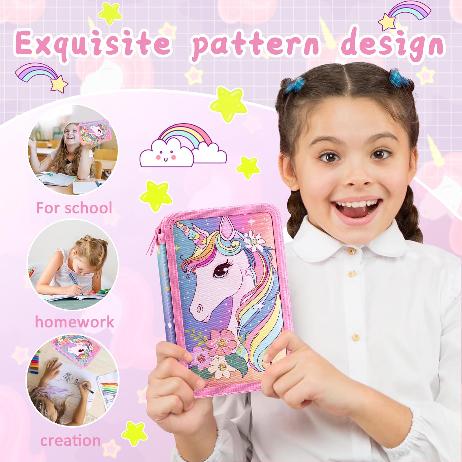 39 Pezz Astuccio unicornoe Bambina,2025 Anno Astuccio 3 Scomparti Bambina,Set scuola Cancelleria,Doppia Cerniera,Materiale Scolastic（Rosa Pesca Regalo Rientro Scuola）