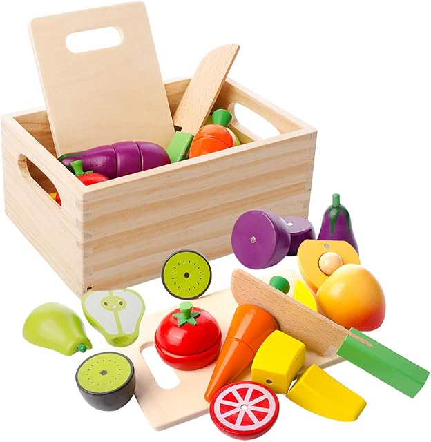 Wooden Kitchen Cut Food Kids Toy, Fruits and Vegetables Magnetic Toy, Cooking Simulation Educational Toys and Color Perception Toy for Preschool Age Toddlers Boys Girls