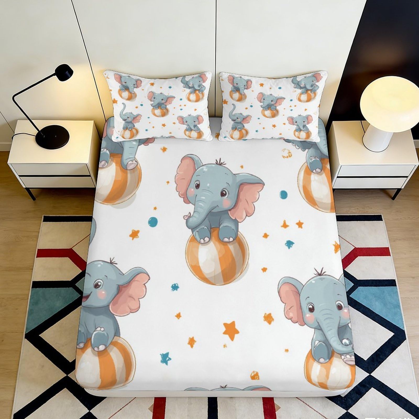 3D Printed Cute Elephant Pattern Fitted Sheet Microfiber Soft Breathable Cartoon Animal Bed Cover for Bedroom Dormitory Guest Room Mattress Protection 180x200x25cm