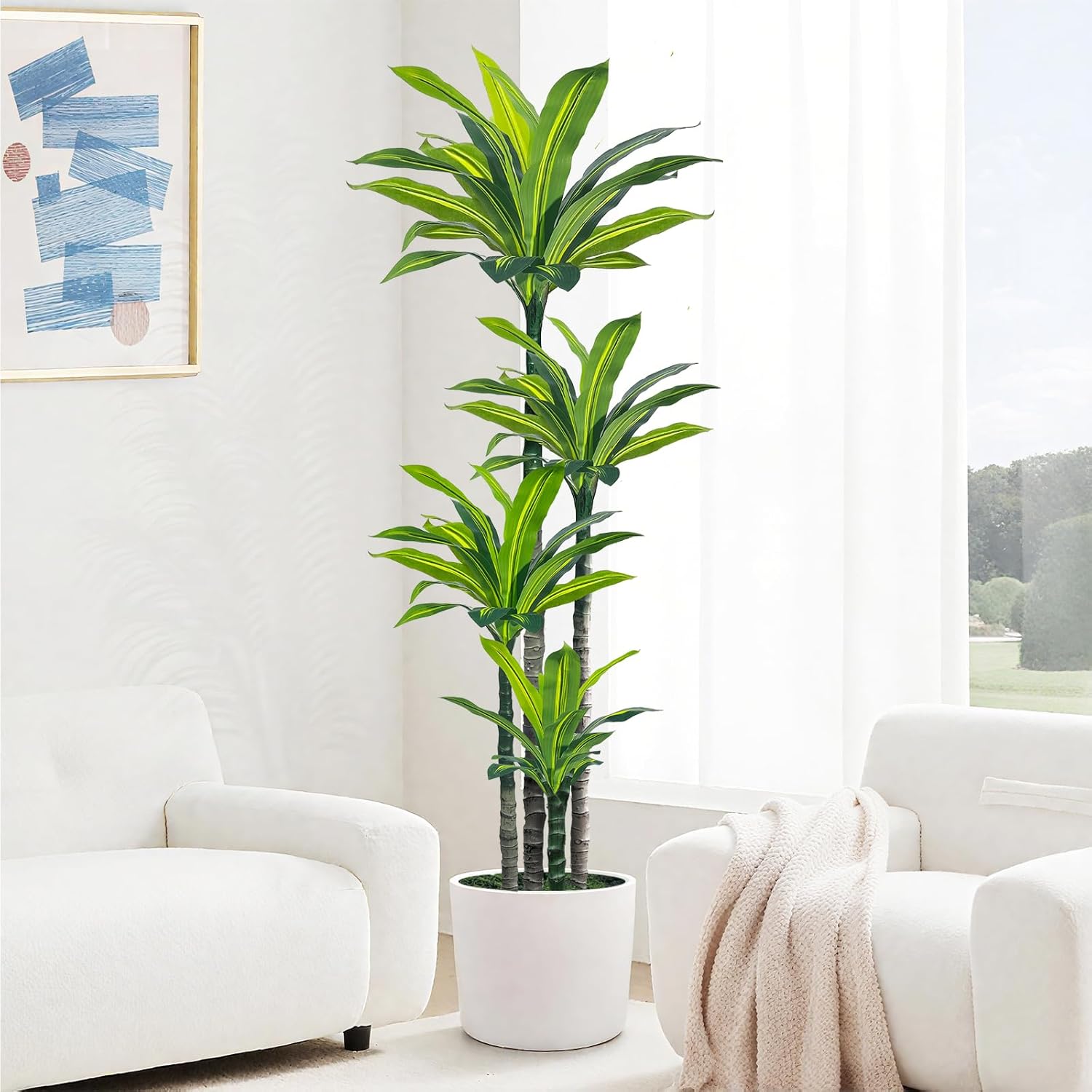 Artificial Dracaena Tree 6ft, Tall Fake Dracaena Plants with White Planter, Faux Dragon Tree Indoor Floor Plant for Home Decor Office Living Room Porch Housewarming (6ft) - Image 9
