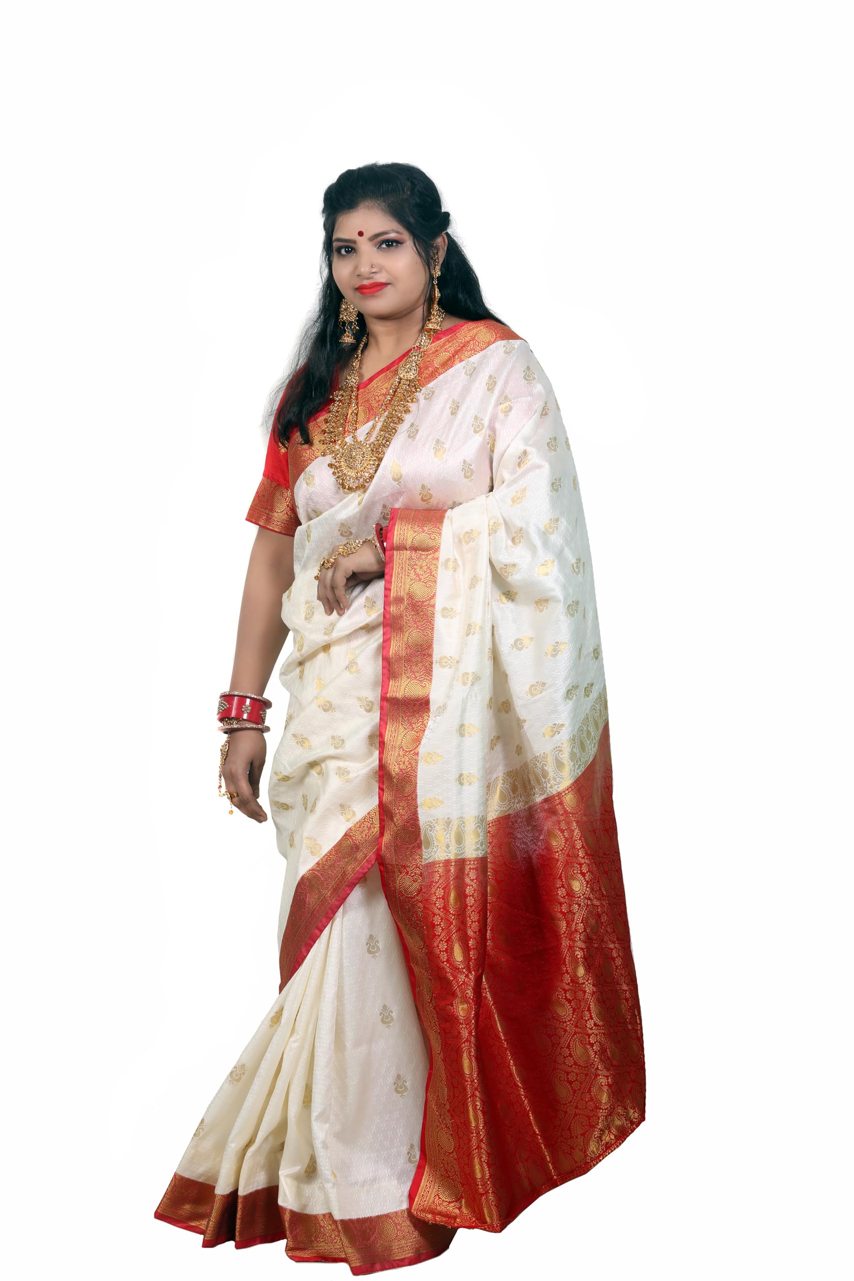 GenericKUPAR COLLECTION Bangali Silk Red Cream Saree