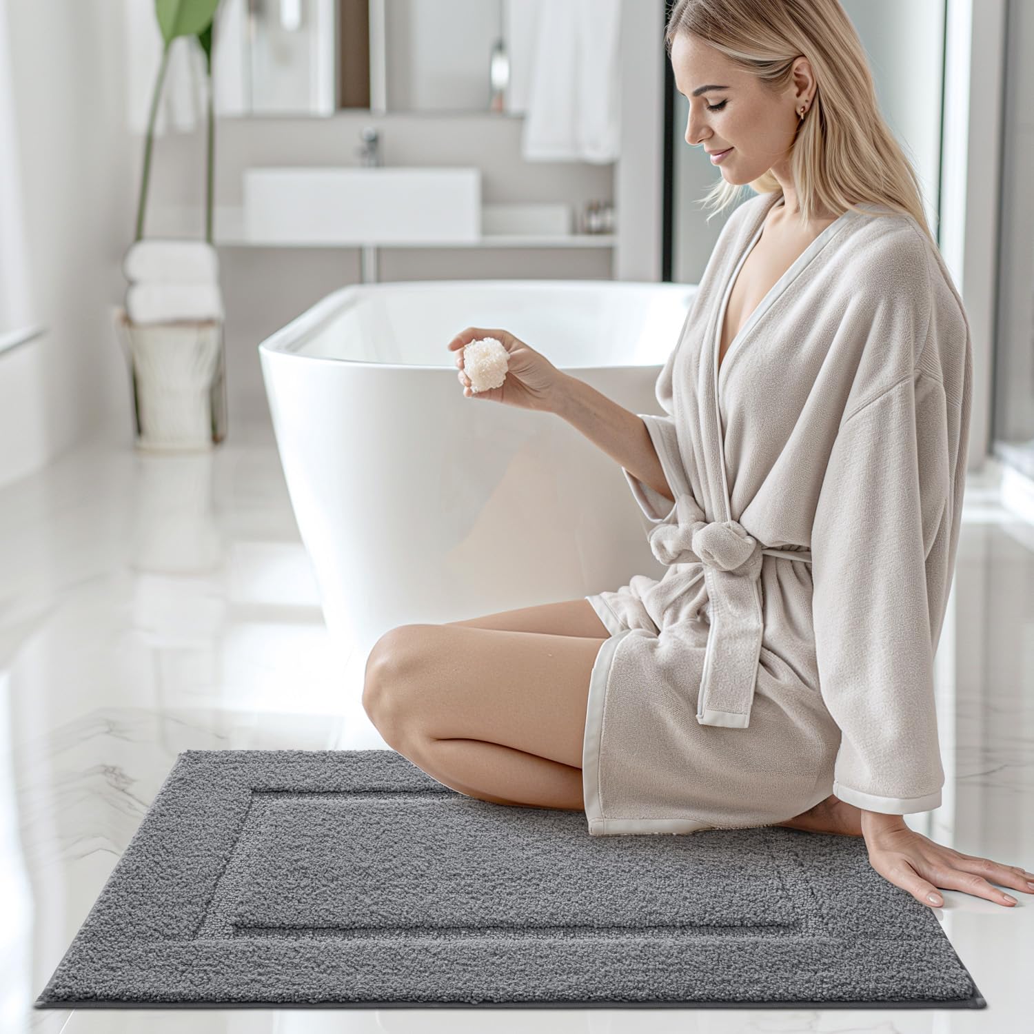 DEXI Badezimmerteppich 60 x 150 cm, Badteppich rutschfest Waschbar, weicher Badematte, Mikrofaser Absorbent Badvorleger, Badematten für Badewanne, Duschraum und Badezimmer, Grau