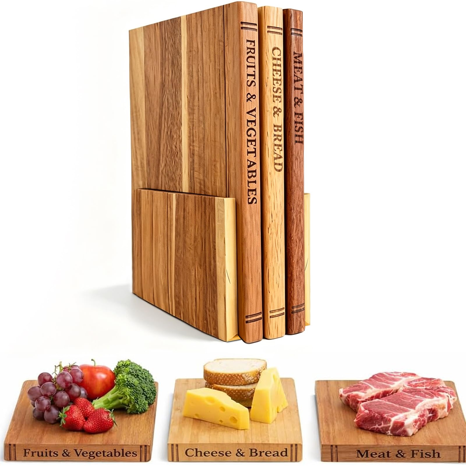 Photo 1 of WoofWahouse Book Cutting Board Set - Food Safe, Non-Slip Chopping Boards for Kitchen Organization and Stylish Serving,Acacia Wood