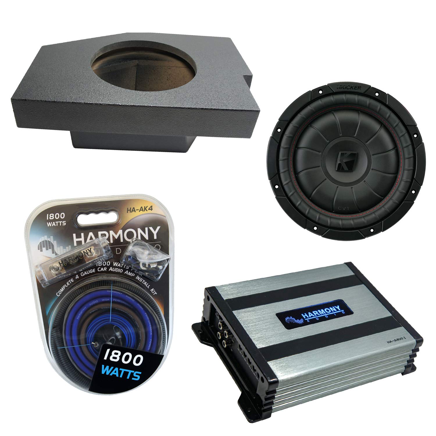 Harmony Audio Compatible with 2002-2018 Dodge Ram Quad/Crew Truck Kicker Bundle CompVT CVT10 Single 10" Rhino Coated Sub Box Enclosure & Harmony HA-A400.1 Amp