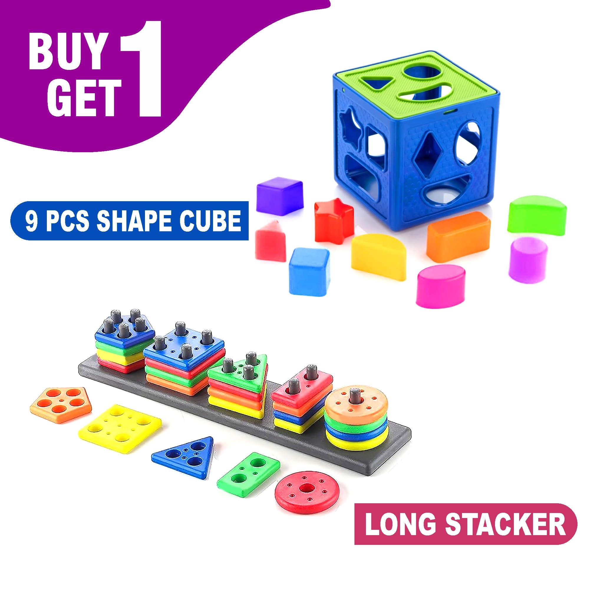 RAINBOW RIDERS Buy 1 Get 1 Combo (Plastic Shape Sorter Cube Block 9 Pcs Toy + Long Shape Stacker Puzzle Game) Multicolor Baby Activity Toys for Boys Girls 3,4,5,6+ Years 2