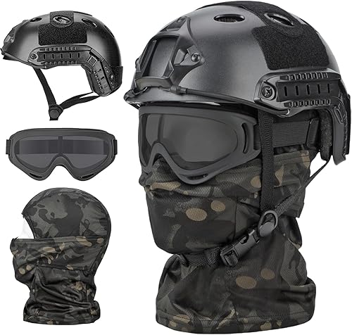 Miniatura 14 de Casco de Airsoft, casco táctico negro, malla de máscara de Airsoft, máscara de pasamontañas elástica, gafas antivaho Airsoft, protección táctica
