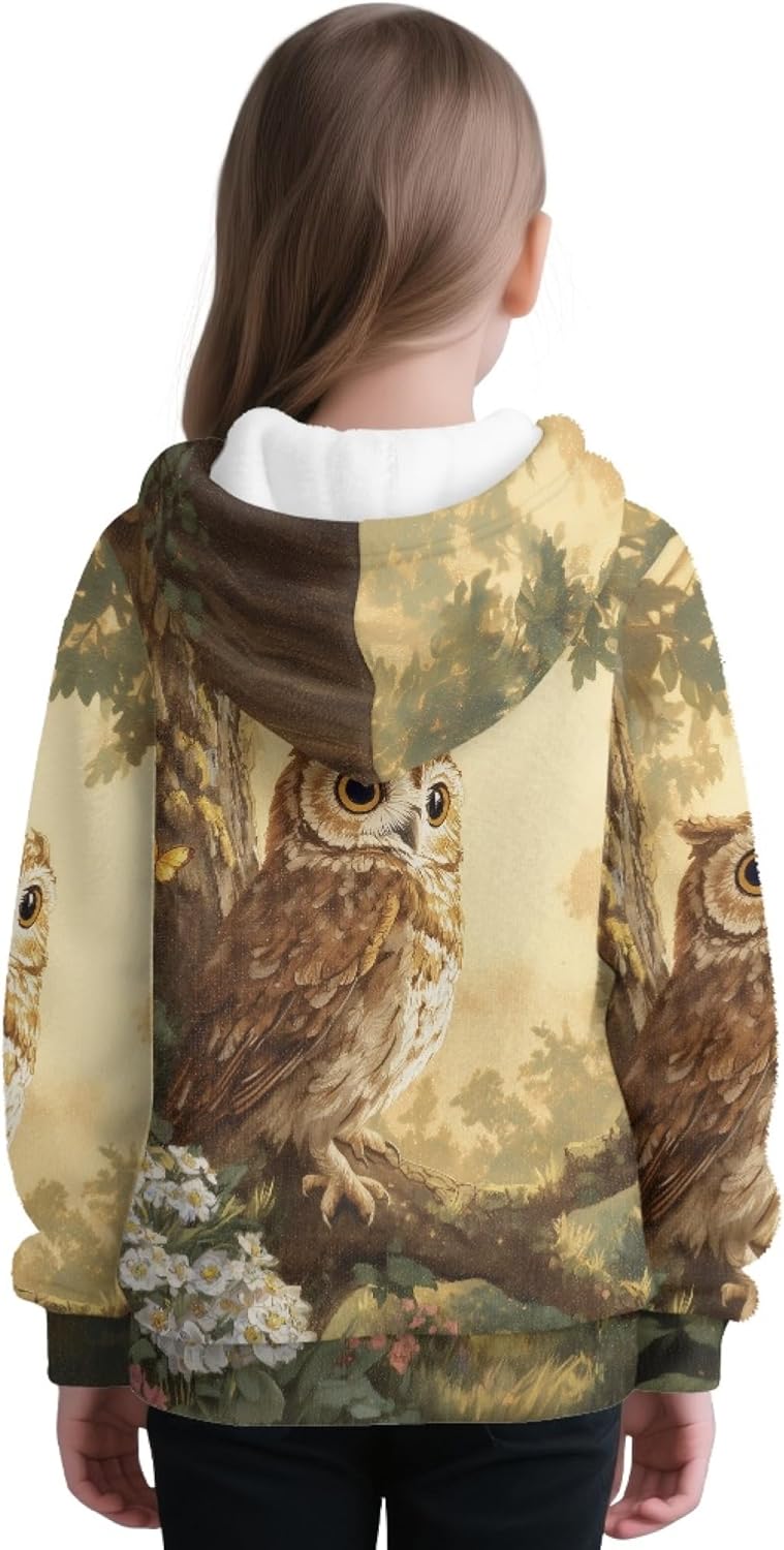 AmzPrint Toddler Big Girls Half Zip Fleece Hoodie Long Sleeve Pullover Holiday Novelty Owl Woods Flowers Print Yellow Popular Hoodies For Teen Girls