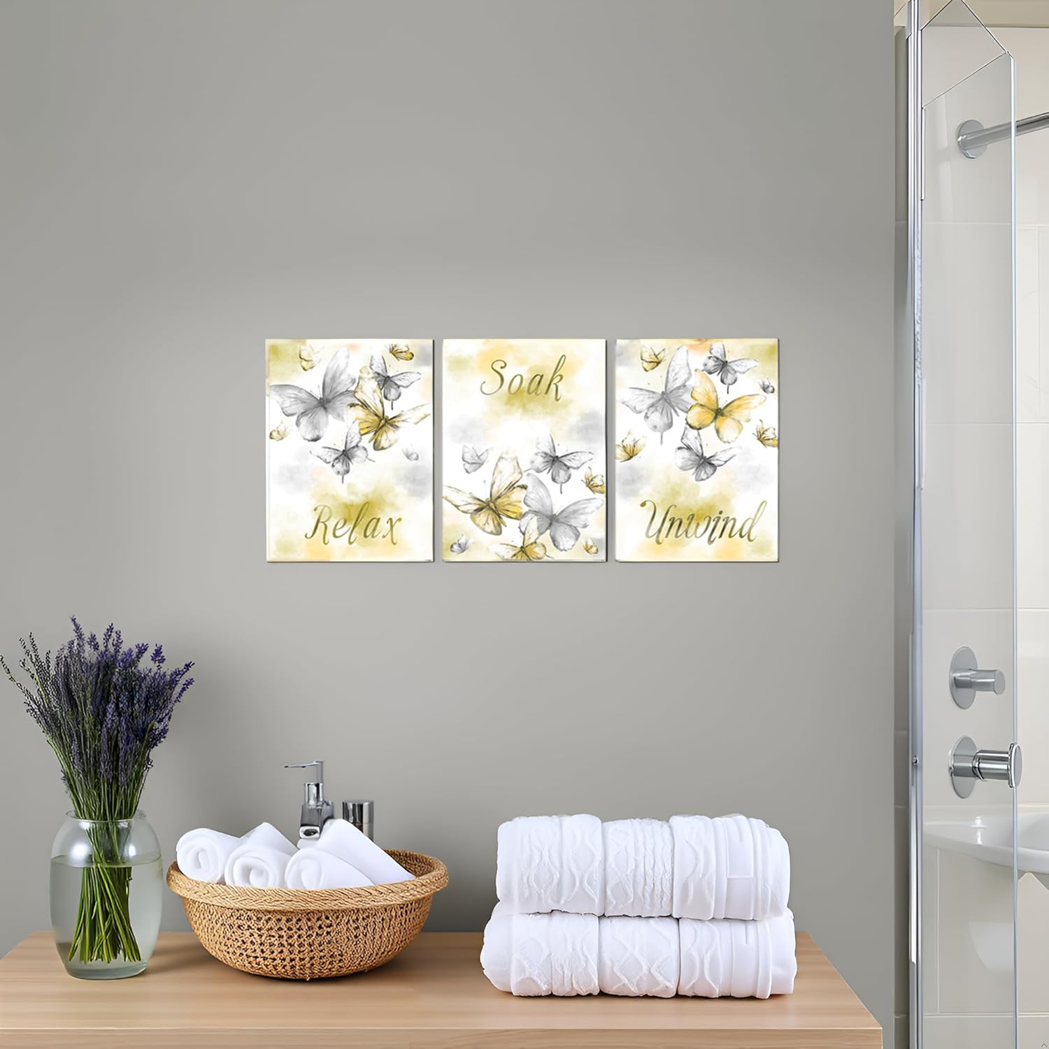 sechars Butterfly Canvas Wall Art Yellow and Grey Bathroom Decor Watercolor Butterflies Picture Prints Relax Soak Unwind Painting Bedroom Decorations (Small, Yellow)