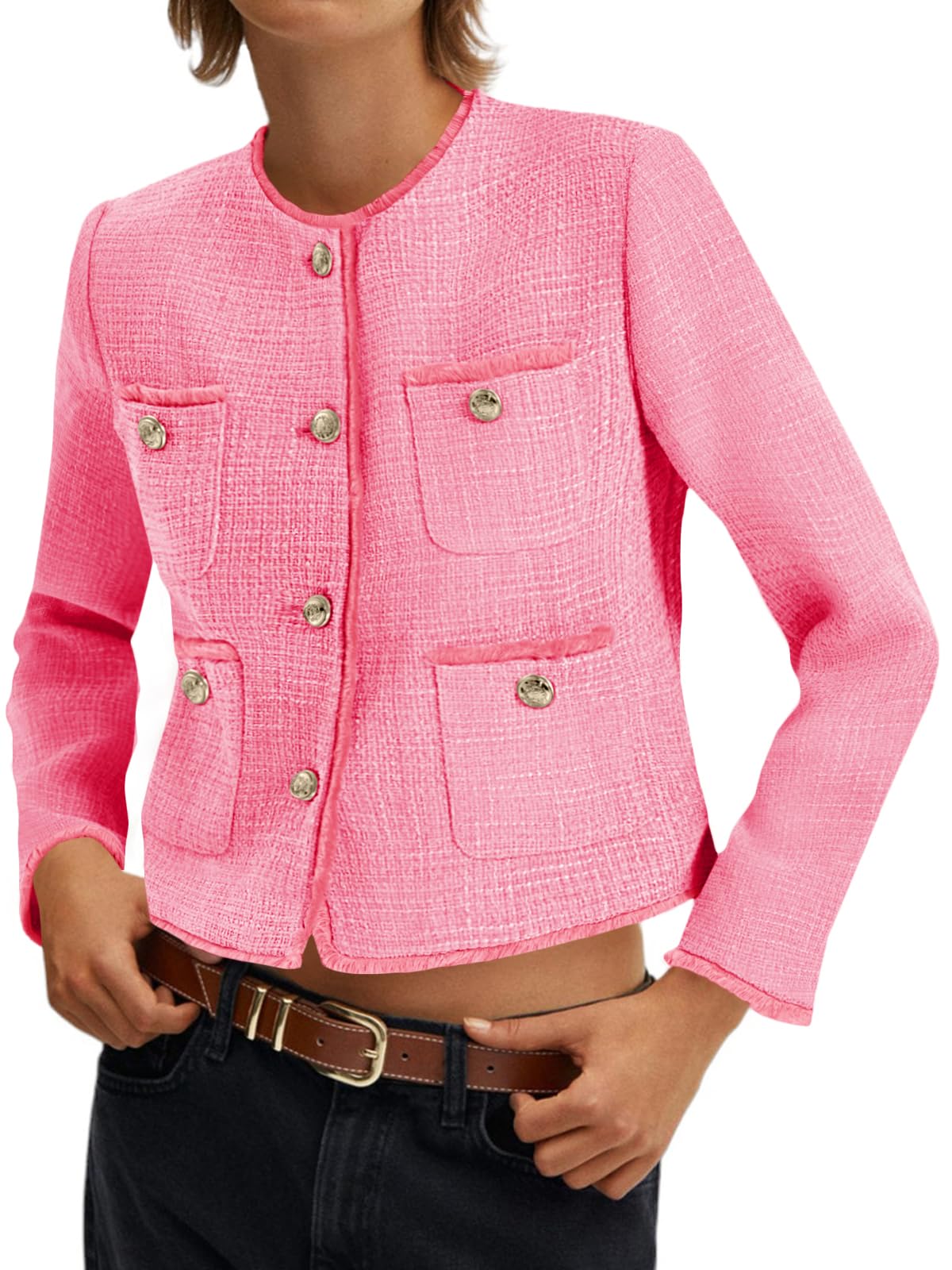 Cicy Bell Tweed Blazers for Women 2025 Collarless Button Down Womens Cropped Jackets