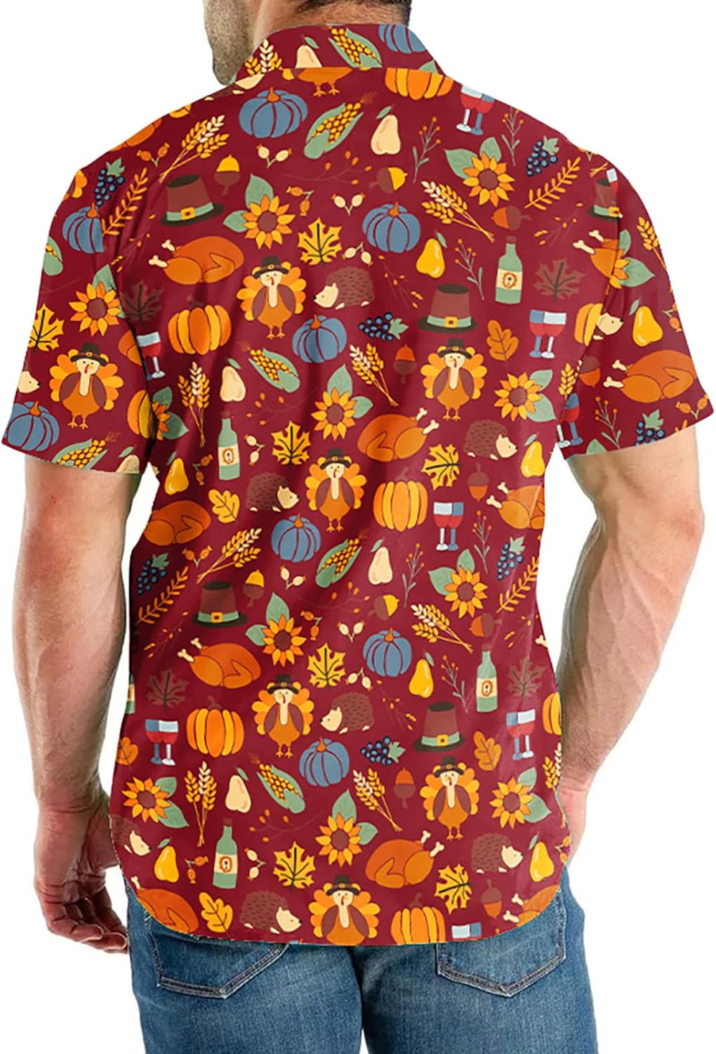 Eciodci Men's Thanksgiving Button Down Shirt Funny Turkey 3D Printed Fall Leaves Novelty Short Sleeve Hawaiian Shirts for Men - Image 4