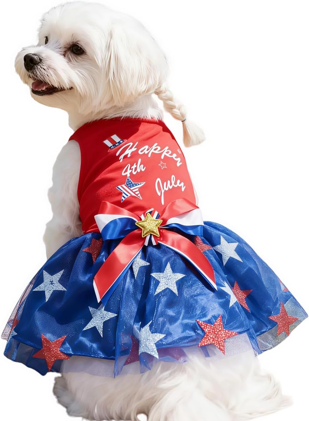 4th of July Patriotic Dog Tutu Dress, Red White Blue Outfit with Bow & Glitter Star, Breathable Sleeveless Summer Wear for Small & Medium Dogs-L