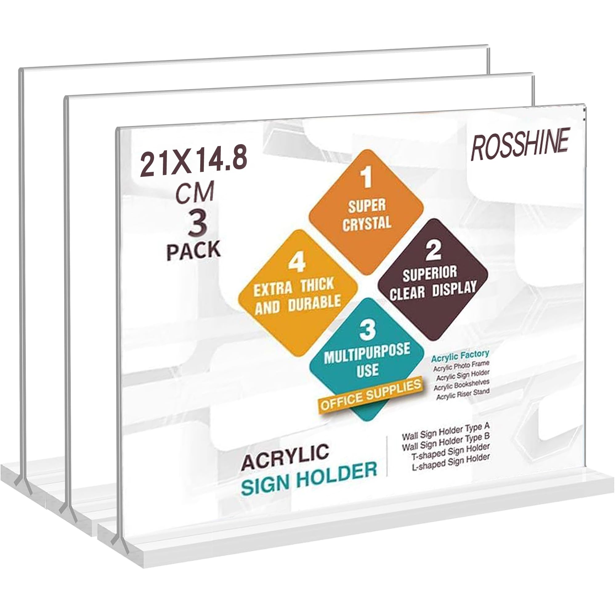 ROSSHINE A5 Menu Holders, 3pack Horizontal Double Side Display Acrylic Sign Holder, A5 Clear Poster Holder Perspex Display Stand for Office School Home Restaurant