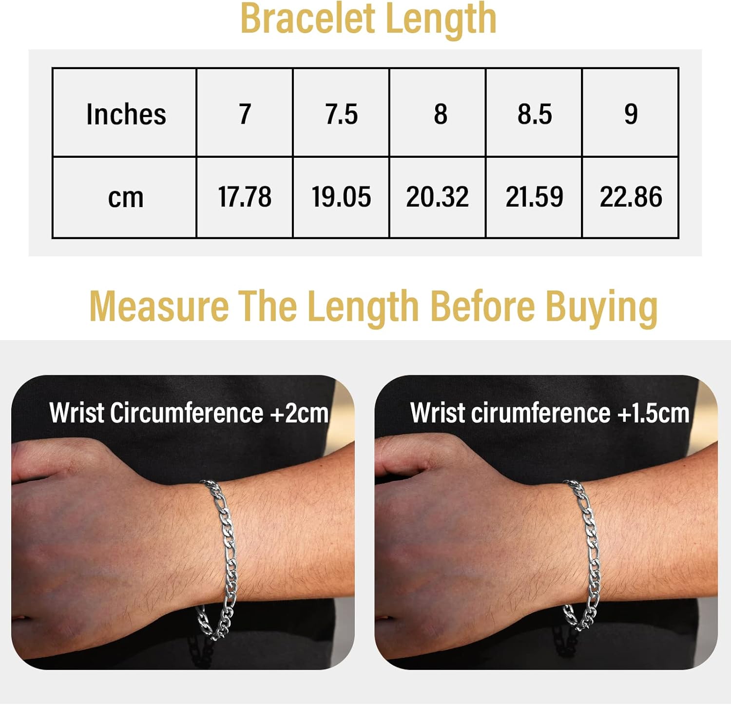 VEXXS Figaro Bracelet, 18K Real Gold Plated Cuban Link Bracelet for Men, Durable No Color Fading Figaro Chain Bracelet 6mm 9mm Men’s Gold Bracelet Urban Fashion