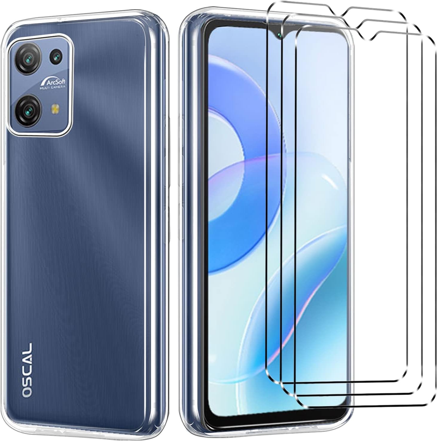 Cover + 3 Pellicole Vetro Temperato Per OSCAL C30 PRO / C30 - Custodia Morbida In Silicone TPU Trasparente Con Bumper E Protezione Schermo 9H
