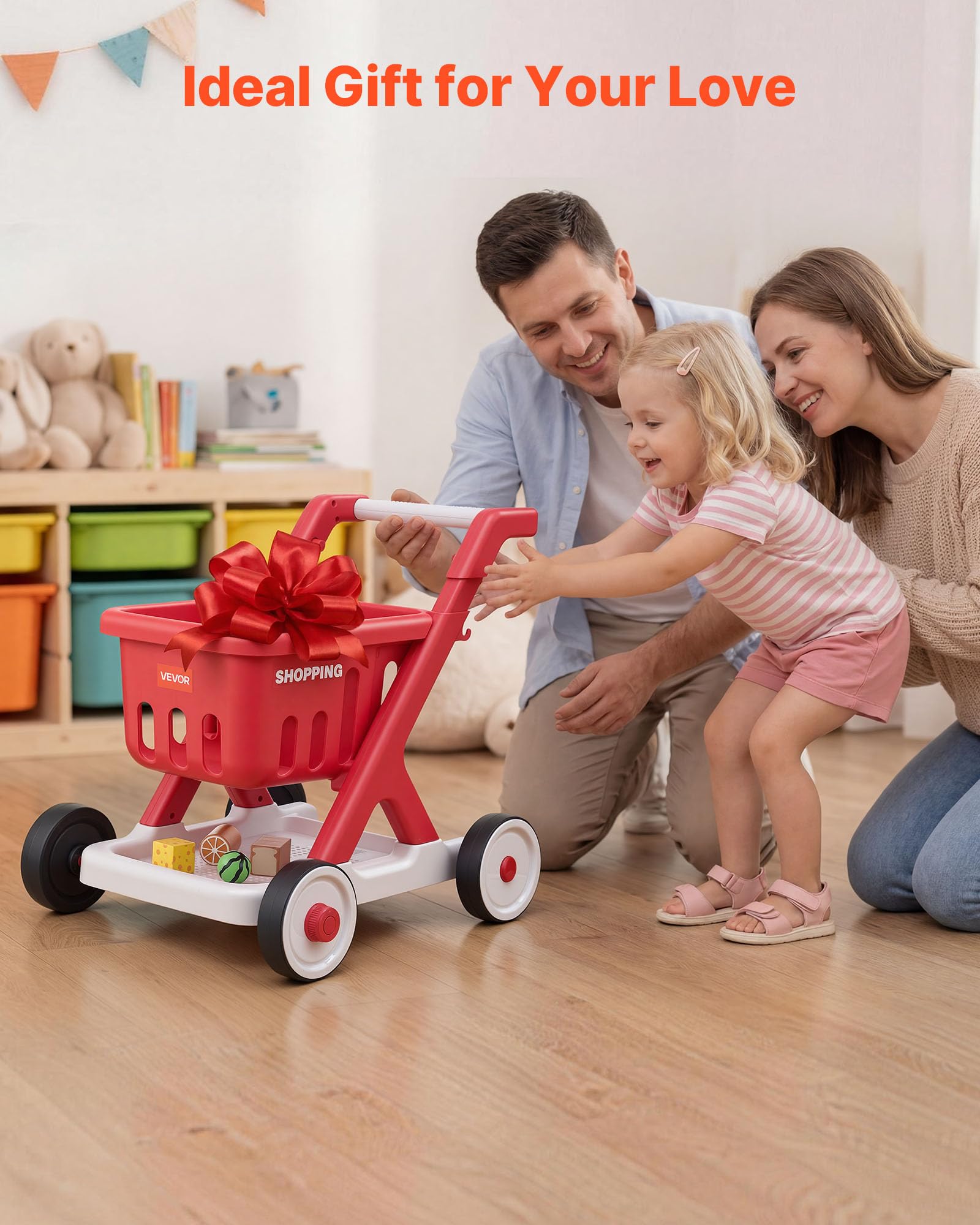 VEVOR Carrello della Spesa Giocattolo per Bambini, Carrello Supermercato Giocattolo, Scan e Sort con Alimenti Finti, Luci e Suoni, Altezza Regolabile, Gioco di Ruolo Supermercato per Bambini da 2 Anni