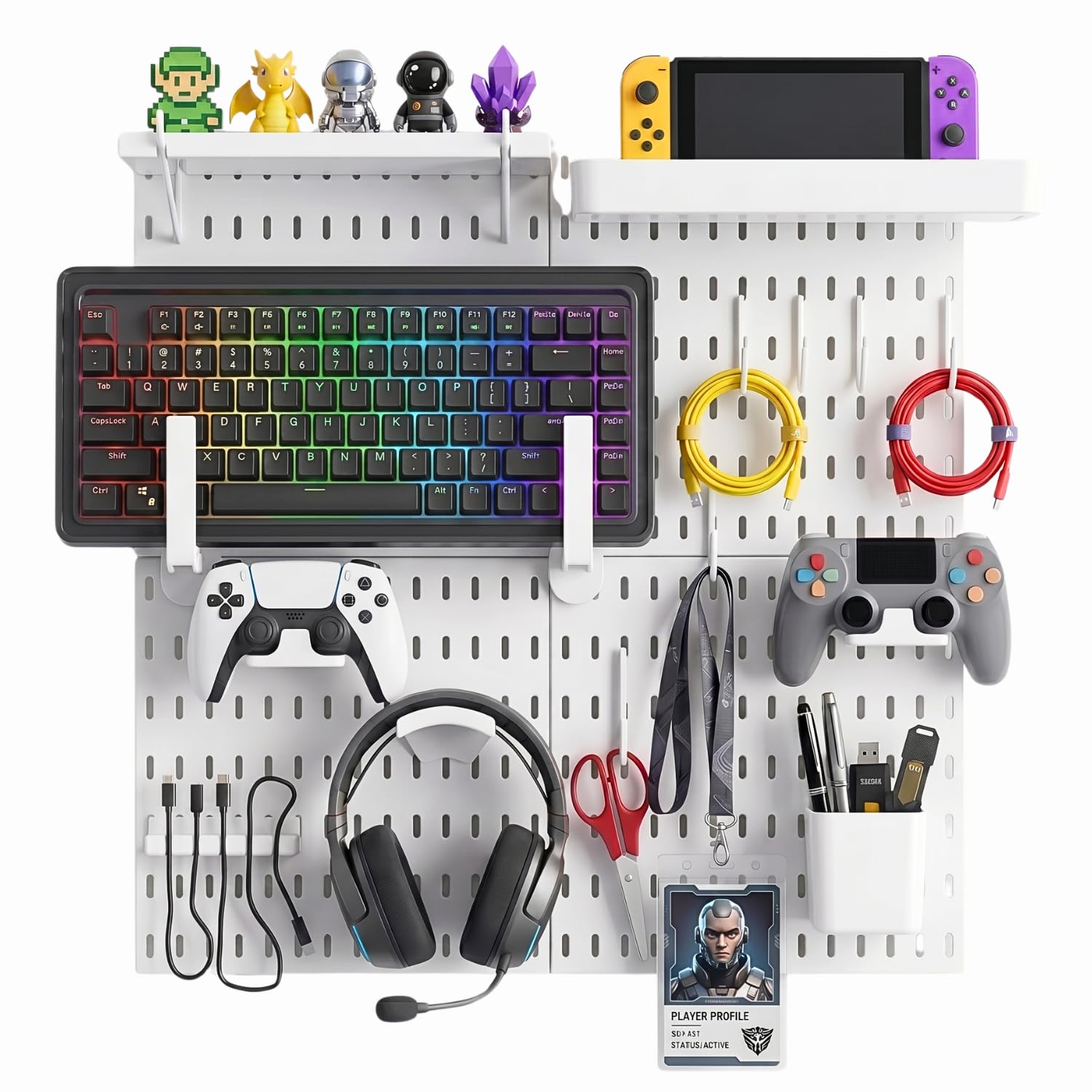 Keepo Kit combinato per pannello forato, organizer modulare da appendere, accessori per configurazione di gioco, supporto per controller e cuffie (bianco)