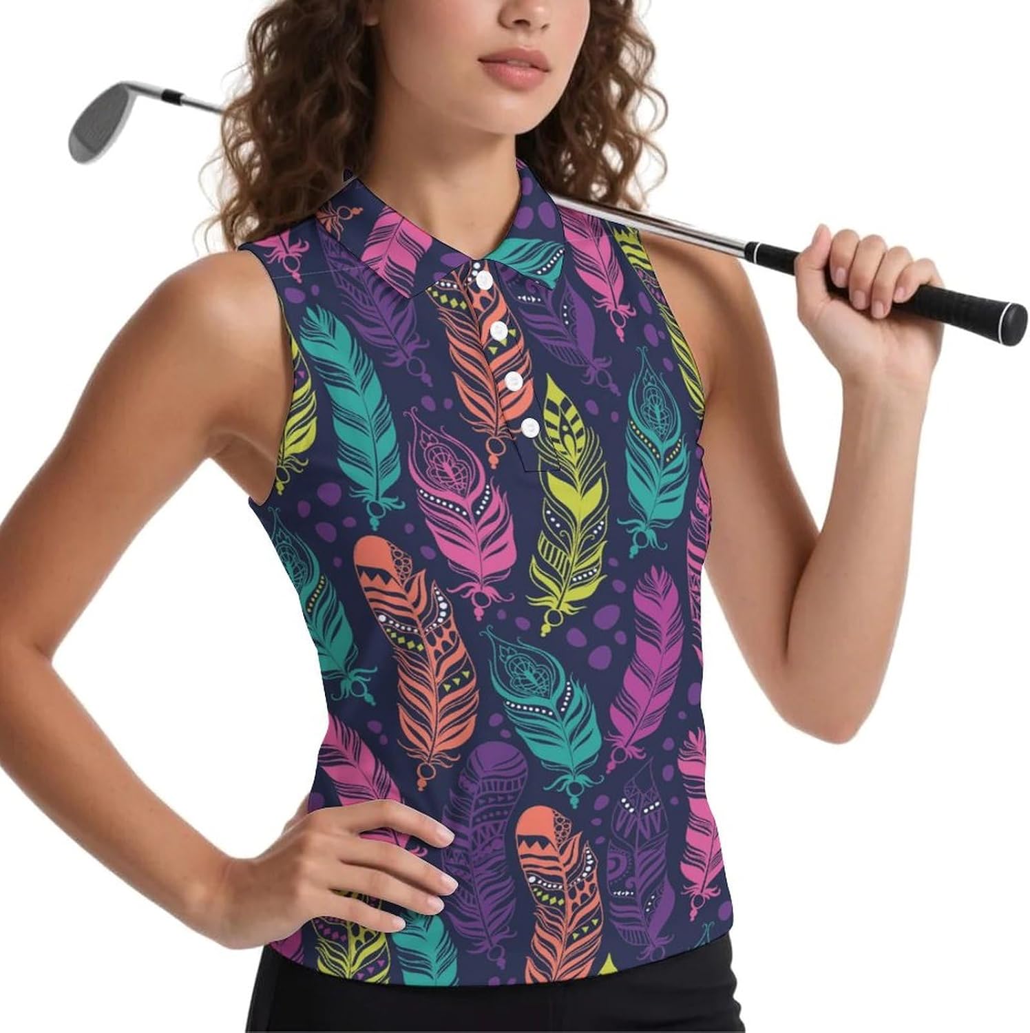 Ethnic Feathers Pattern Women's Golf Shirt Sleeveless Polo Shirts Tank Tops Blouses Tennis T-Shirts Casual