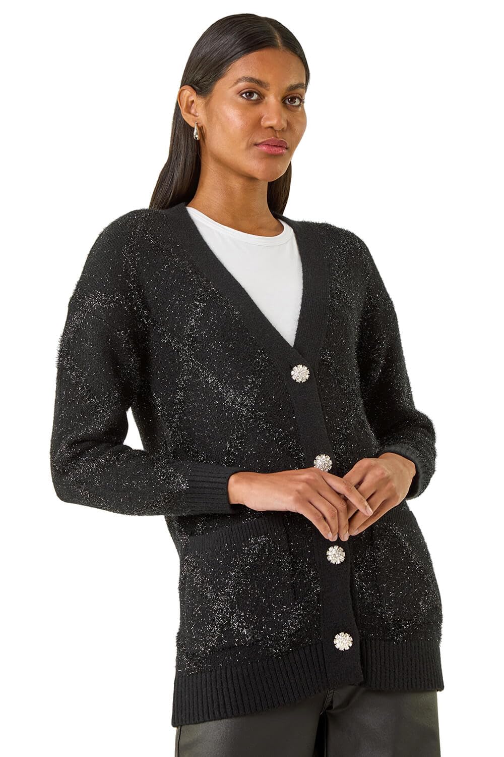 Roman Originals Women's Black Longline Tinsel Knit Cardigan For Uk - Everyday Autumn Winter Comfy Soft Evening Vacation Work Party Night Out - Size 16
