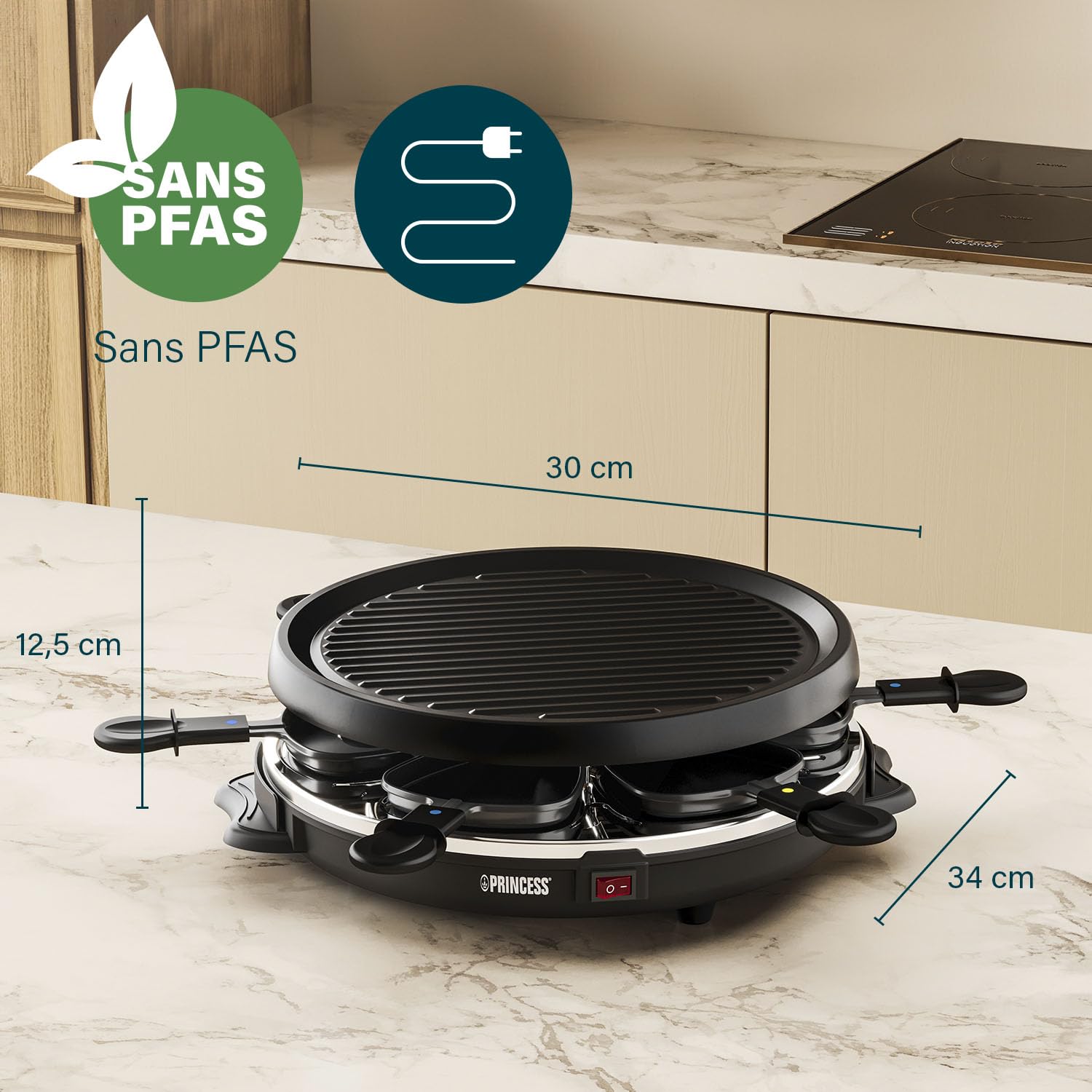 Princess Raclette pour 6 personnes avec plaque de grill ronde amovible – Surface antiadhésive, cuisson saine sans matière grasse, idéale pour viande, poisson et légumes