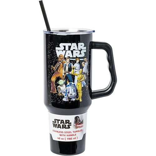 Silver Buffalo Star Wars Featuring Chewbacca, Yoda, R2-D2, C-3PO, Princess Leia, Han Solo, and Luke Skywalker Stainless Steel Tumbler with Handle and Straw, Fits in Standard Cup Holder, 40 Ounces