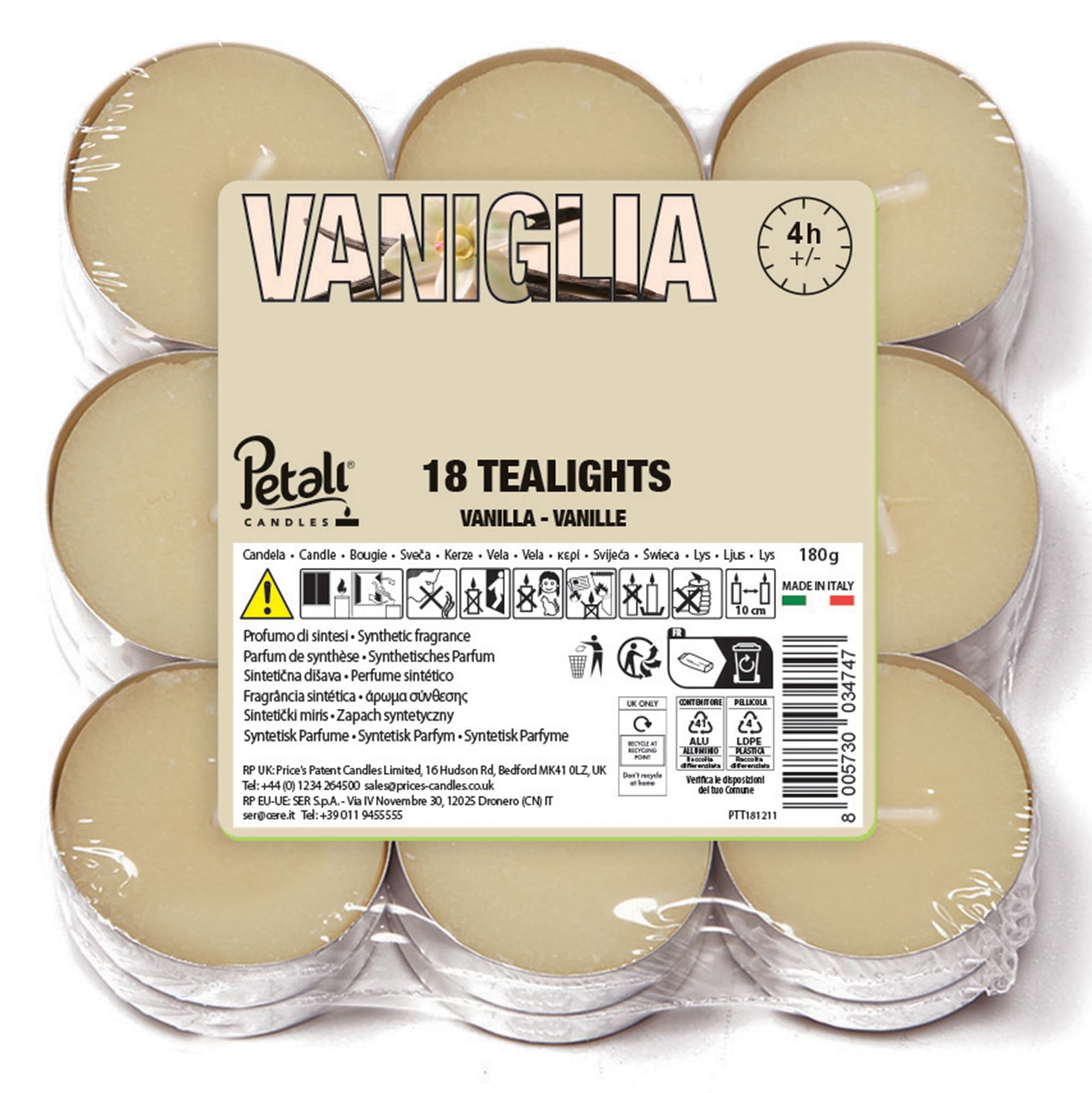 Price's Candles Petali Range Vanilla Pack of 18 Scented Tea Lights Long Burning Tealight Candles with 4 Hour Burn Time for Home Décor Events and Gifting