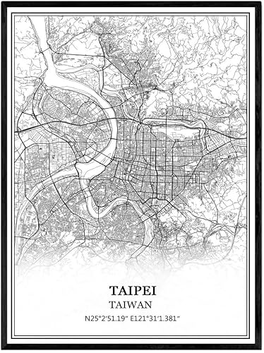 Taipei Taiwán Mapa de la pared Arte Lienzo Impresión Póster, sin enmarcar, moderno mapa blanco y negro recuerdo regalo decoración del hogar