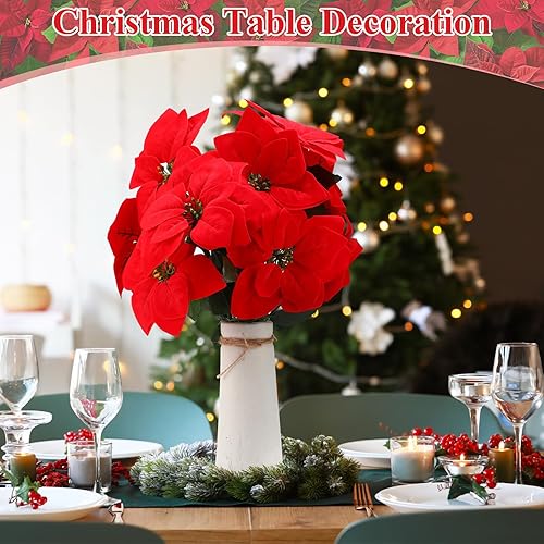Miniatura 7 de 18 flores artificiales de Navidad rojas de 18 pulgadas, arbustos de nochebuena artificiales, 5 cabezas, flores de nochebuena artificiales de