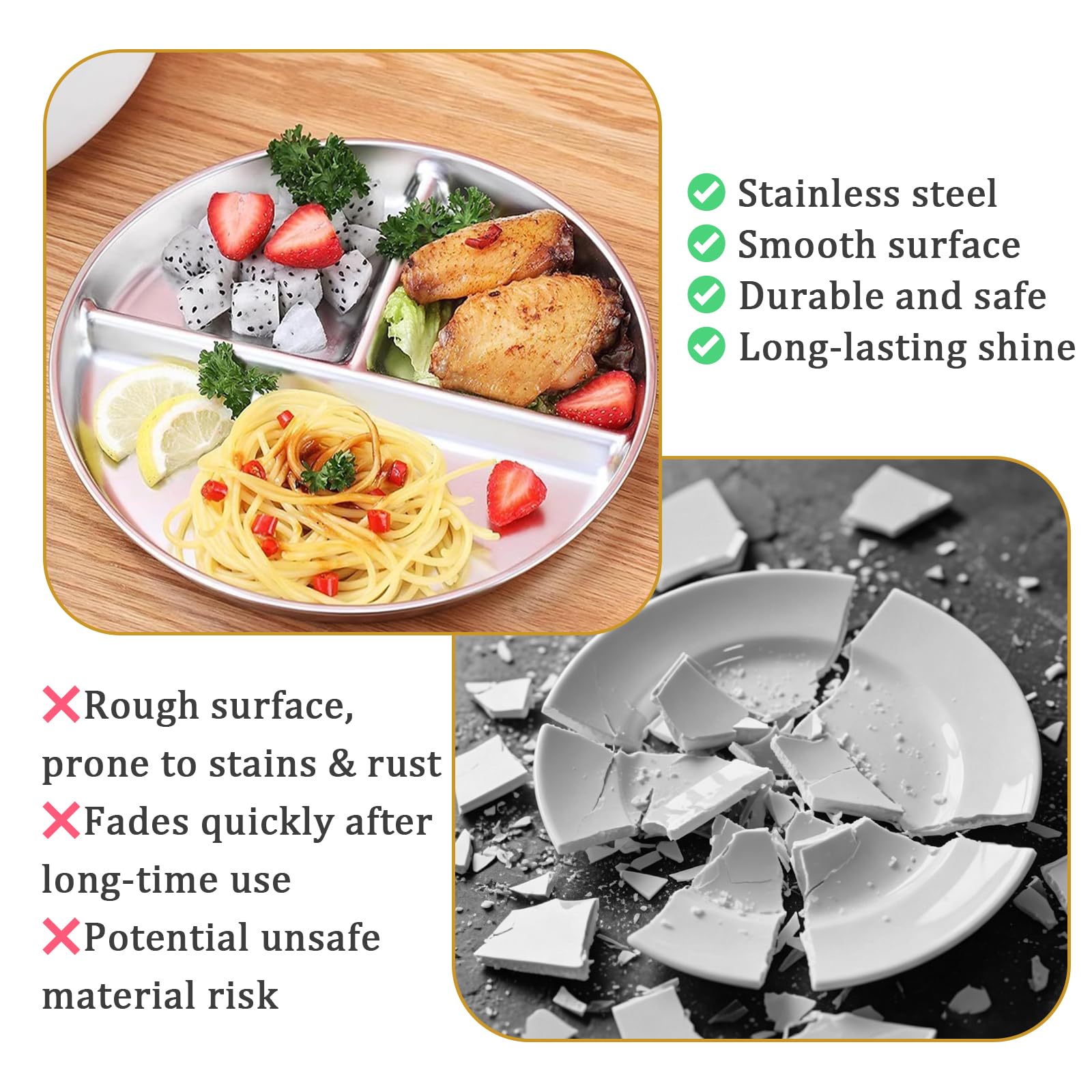 JAWAI 4 Pièce Assiette Inox, Assiettes Divisées en Acier Inoxydable 23 cm | Inox, 4 Pièces, Compartimentées, 23 cm