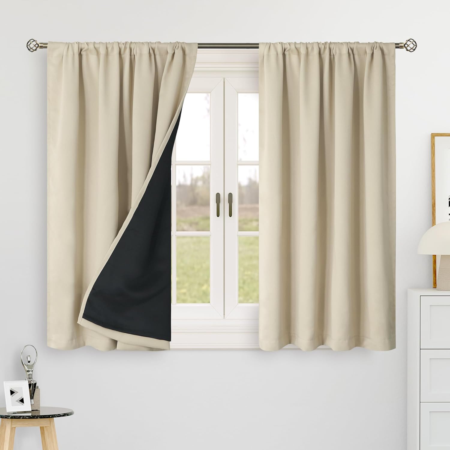 BGment Beige*** 100% Blackout 48 Inch Curtains for Small Window, Rod Pocket and Back Tab Double Layer Black Out Thermal Insulated Room Darkening Curtain for Kitchen, 2 Panels, Each 42 x 48 Inch