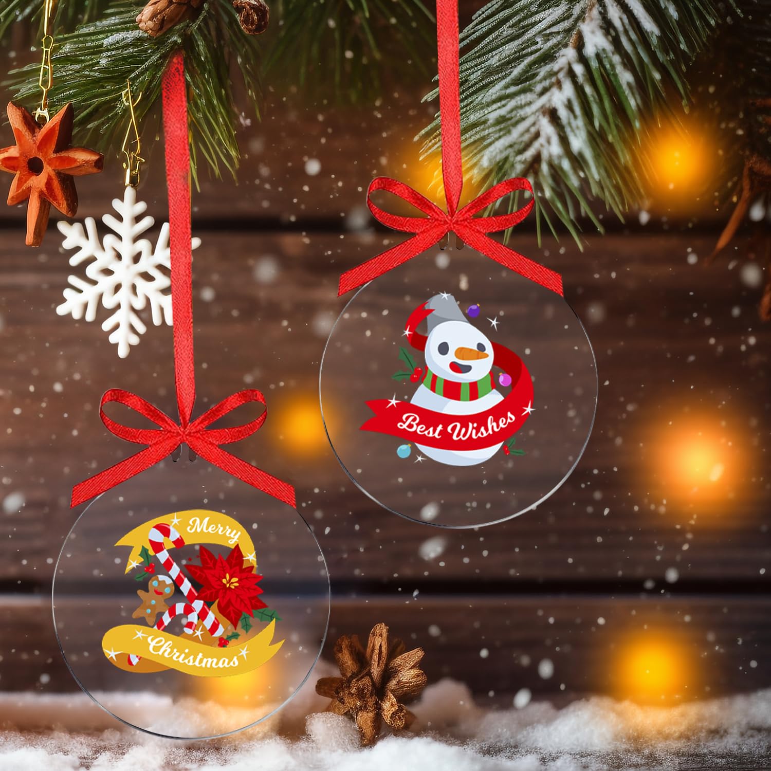 DARENYI Acrylic Baubles Blanks for Xmas Christmas Hanging Ornaments Craft Blanks Circles Acrylic Discs with Hole Clear Perspex Discs for Christmas Tree Hanging DIY Decoration Red Ribbon(50pcs - Image 4