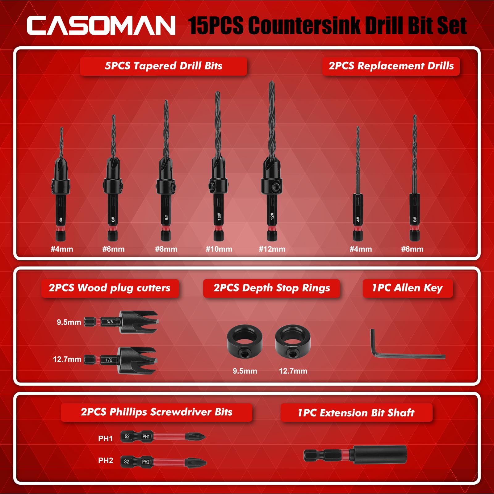 CASOMAN 15 PCS Countersink Drill Bit Set, Tapered Drill Bits - Image 2