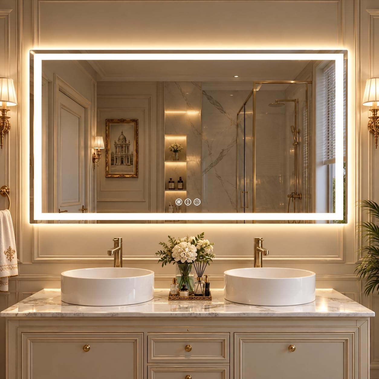 60"x 36" LED Bathroom Mirror, Double Lighting Sources Dimmable, Backlit + Front Lit, Anti-Fog, Stepless Dimmable, Lighted Bathroom Vanity Mirror for Wall Tempered Glass (Horizontal/Vertical)