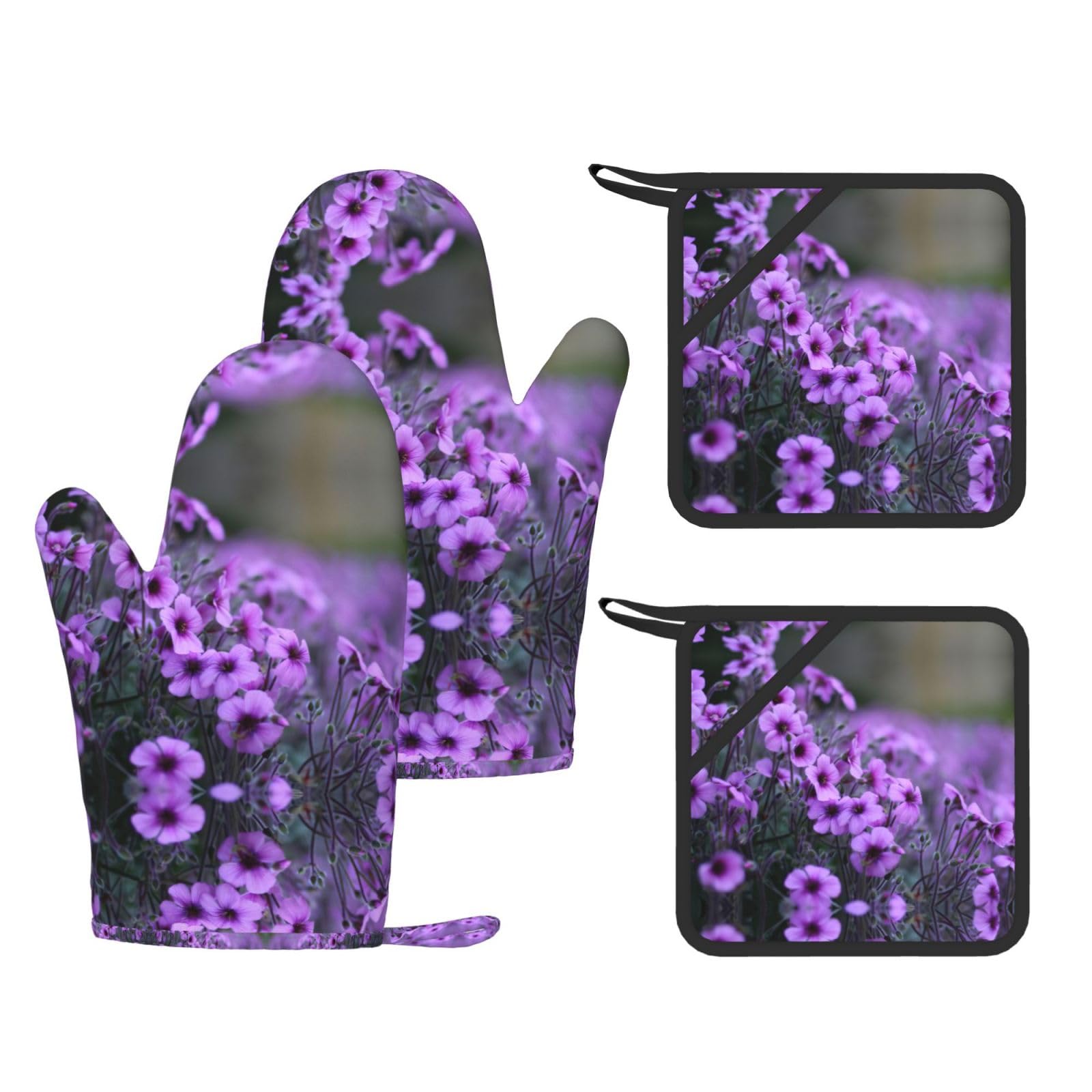 Lavender bouquet Printed Potholder and Oven Mitt Set of 4, High Heat Resistant Cooking Gloves for BBQ Grilling