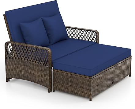 Tangkula Patio Rattan Daybed with 4-Level Adjustable Backrest, 2-Person Outdoor Wicker Loveseat with Storage Ottoman & Soft Cushions, Double Sunbed Lounger for Backyard, Porch, Poolside Navy