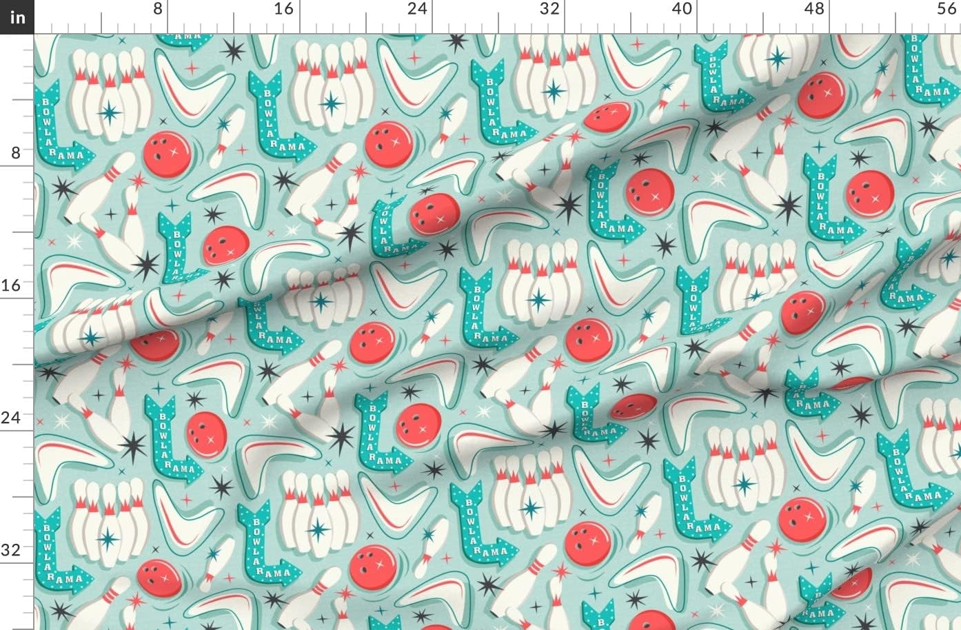 Spoonflower Fabric - Bowl Retro Bowling Aqua Vintage 1950S Home Decor Printed on Organic Cotton Sateen Fabric by The Yard - Sewing Quilting Apparel Home Decor
