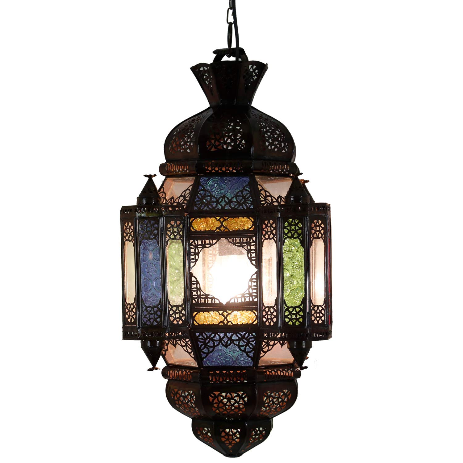 Suspension Moula Lampe Orientale Multicolore Hauteur 60 cm Ø 26 cm en métal et Verre Artisanat de Marrakech Suspension Marocaine L1938